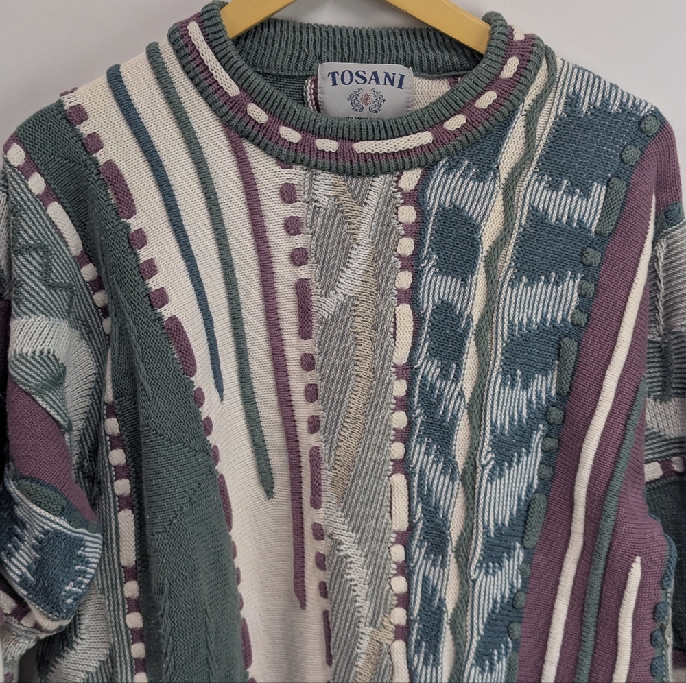 Vintage Textured Knit Coogi Style Sweater, Tosani Pastel Coogi Style Sweater, M